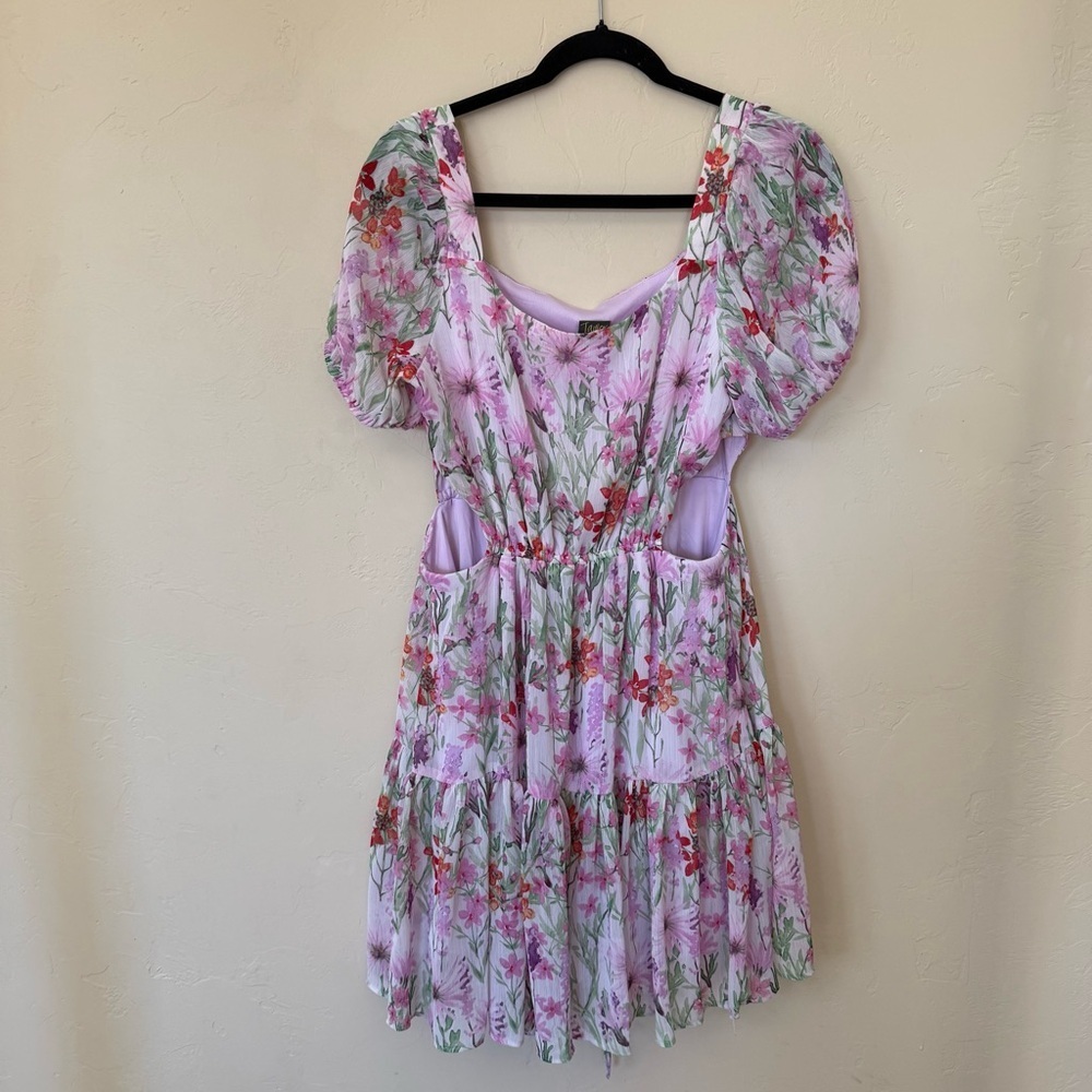 Pink Floral Mini Dress Puff Sleeve Cut Out Taylor Size 10 Romantic - Picture 2 of 6